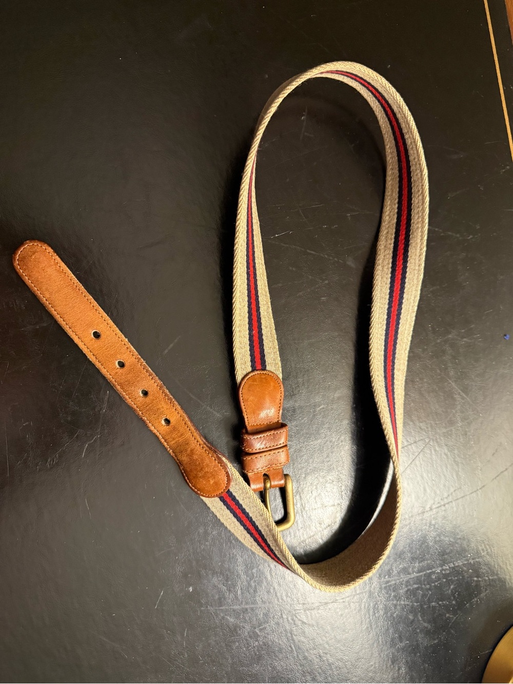 Coach Beige Canvas Belt with Brown Leather and Red/Navy Stripe
